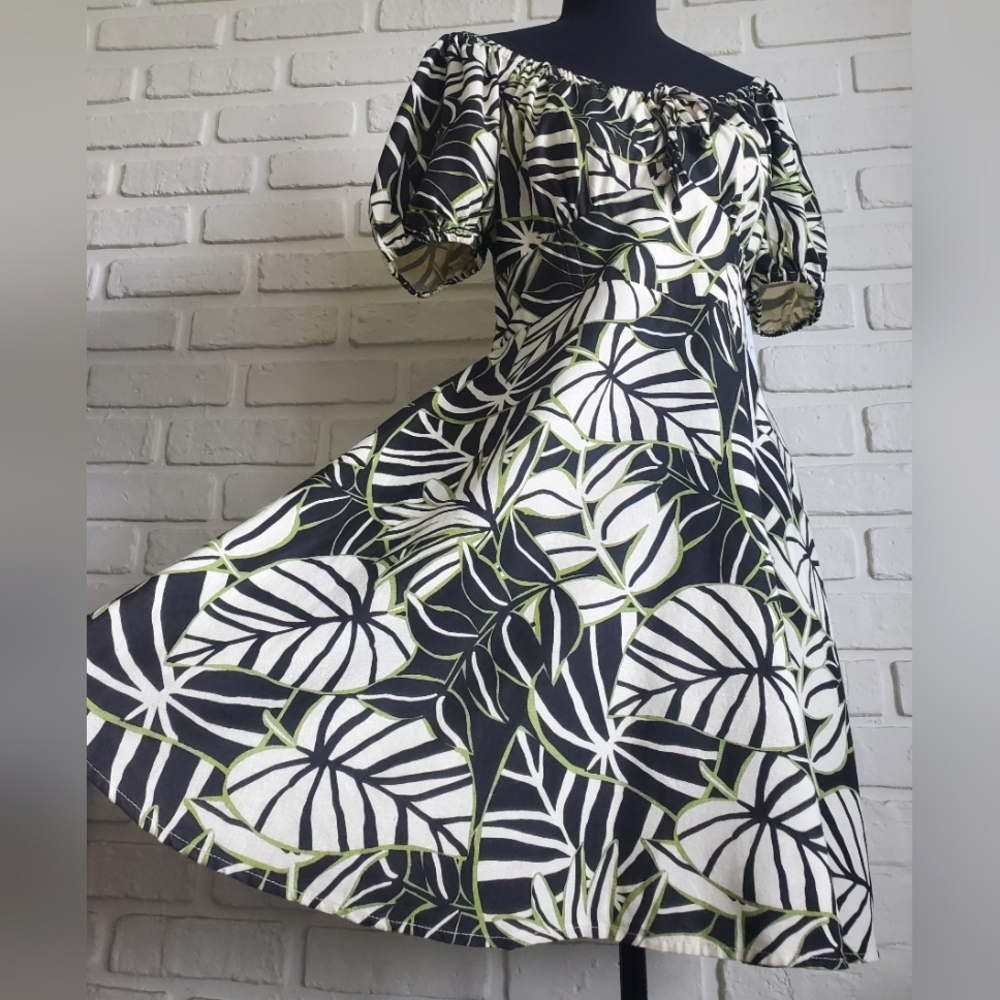 NWT Japna Linen Dress Puff Sleeves Smocked Swing Green Leaf Tropical Boho Large